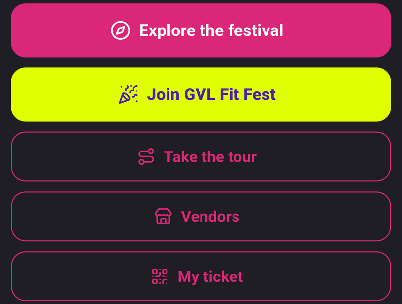 Festival panel with Explore, Join, Take the tour, Vendors and My ticket
