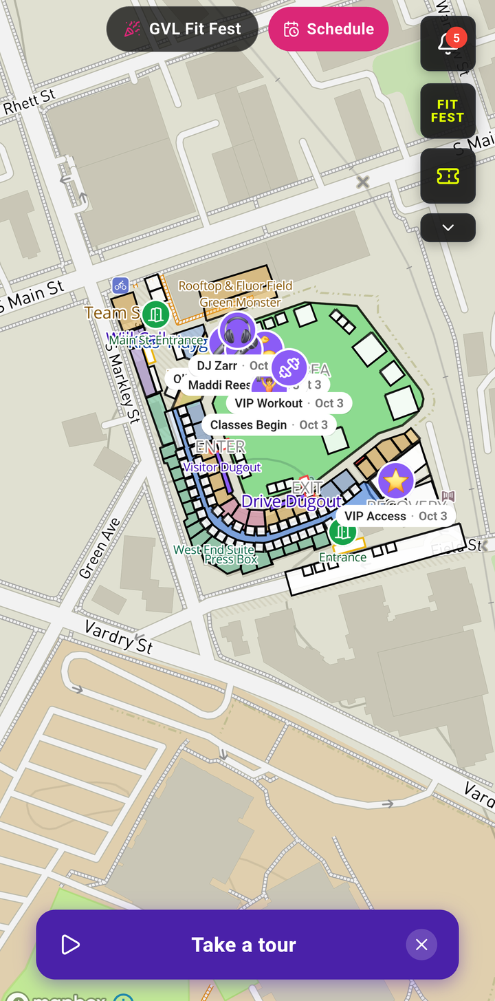 The GVL Fit Fest map in the AKTVO app, with stands, stages and entrances at Fluor Field