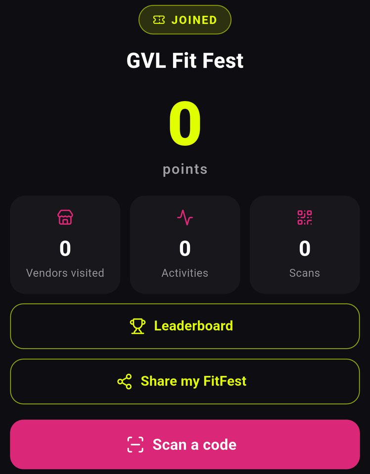 My FitFest screen with points and leaderboard