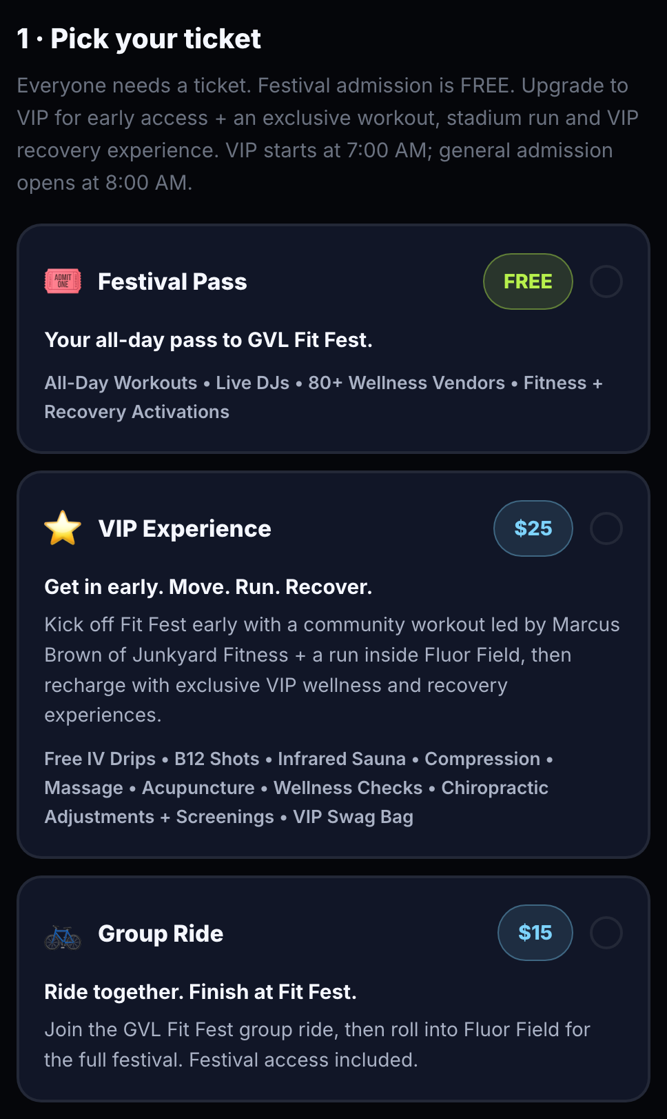 The three ticket options on the ticket page