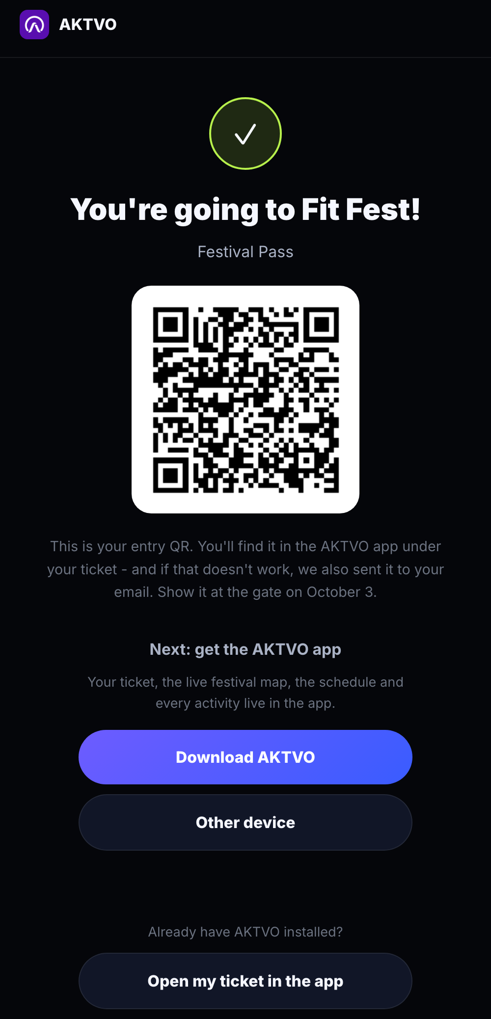 Confirmation screen with the entry QR and app download buttons